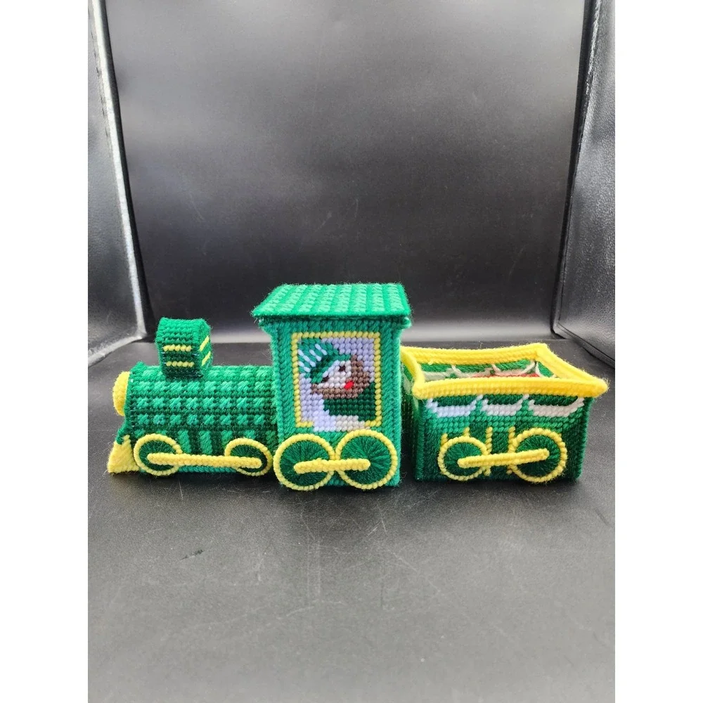Vtg Canvas Needlepoint Christmas Train Engine & Coal Car W/2 Gifts Holiday Decor
